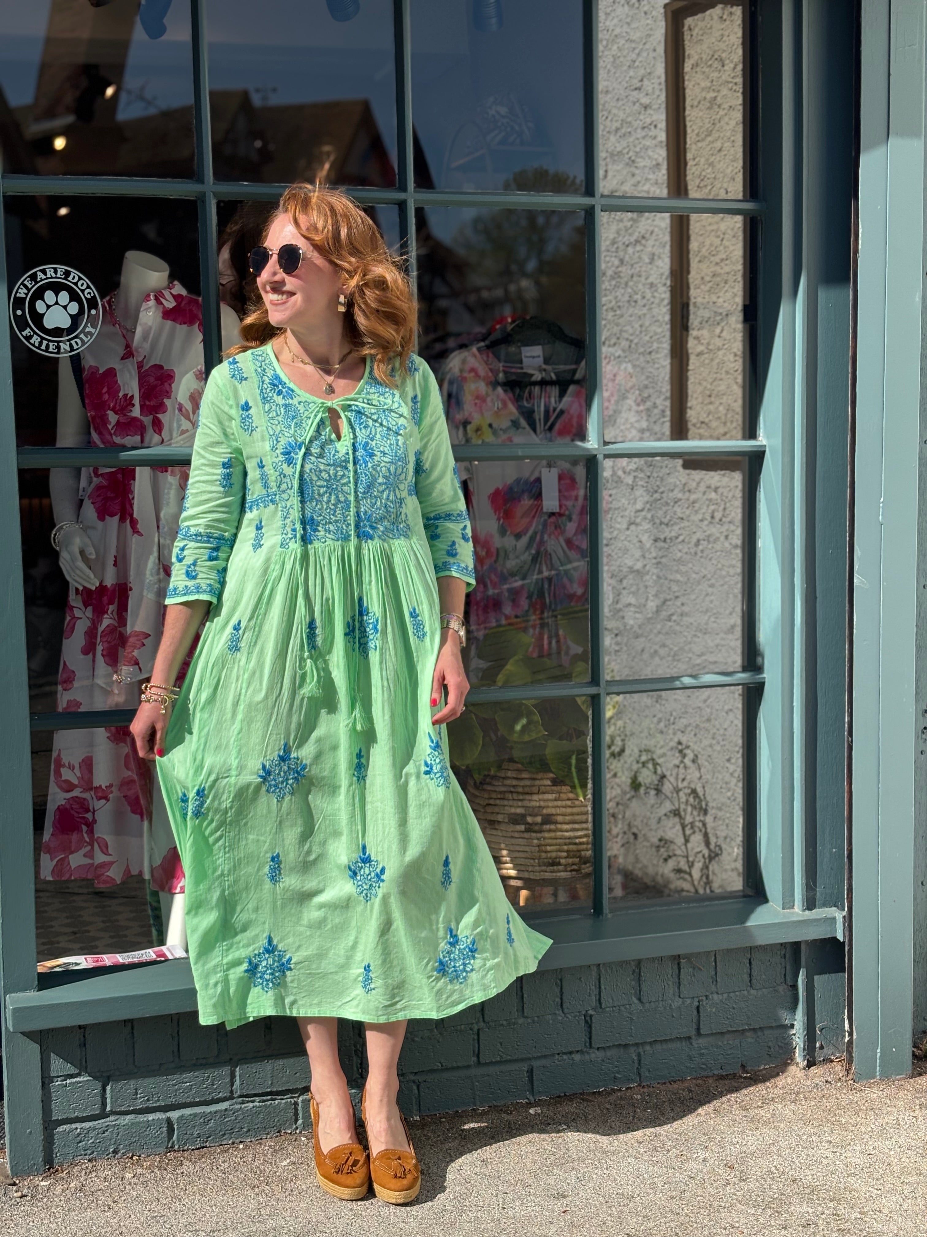 Zydus Floral Embroidered Dress - Lime/Blue