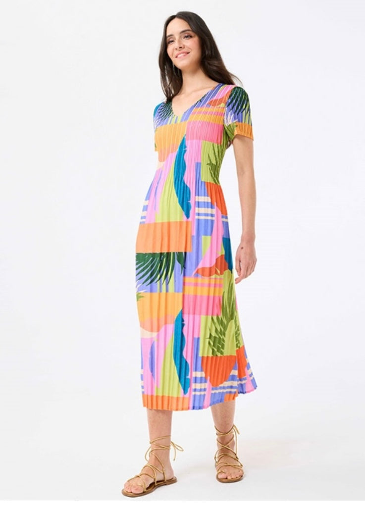 Tropical Print Plisse Dress - Multi