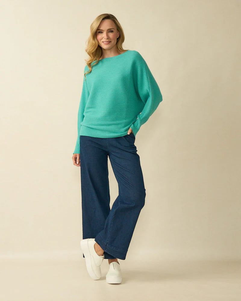 Ribbed Batwing Jumper - Turquoise