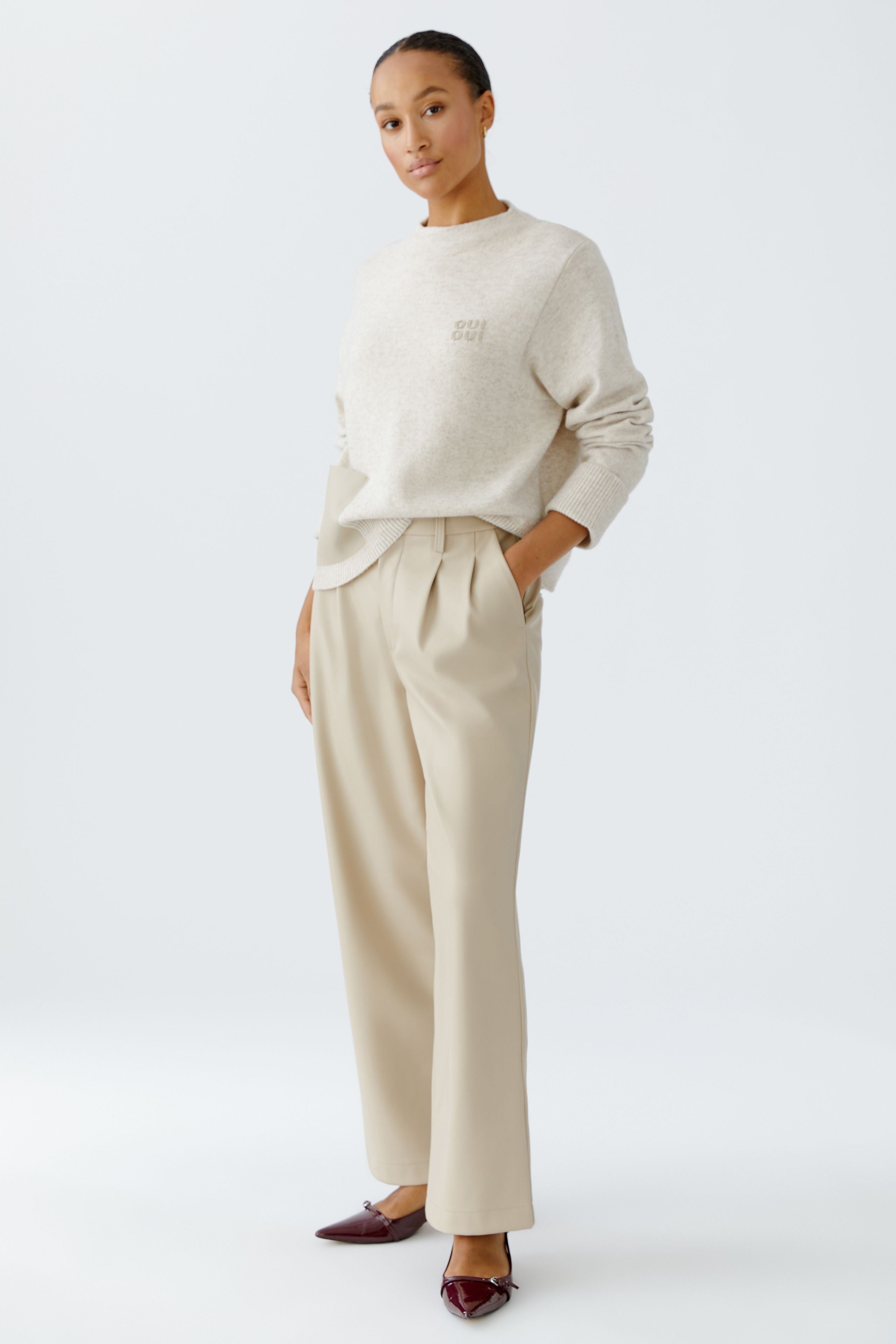 Faux Leather Pleated Trousers - Stone