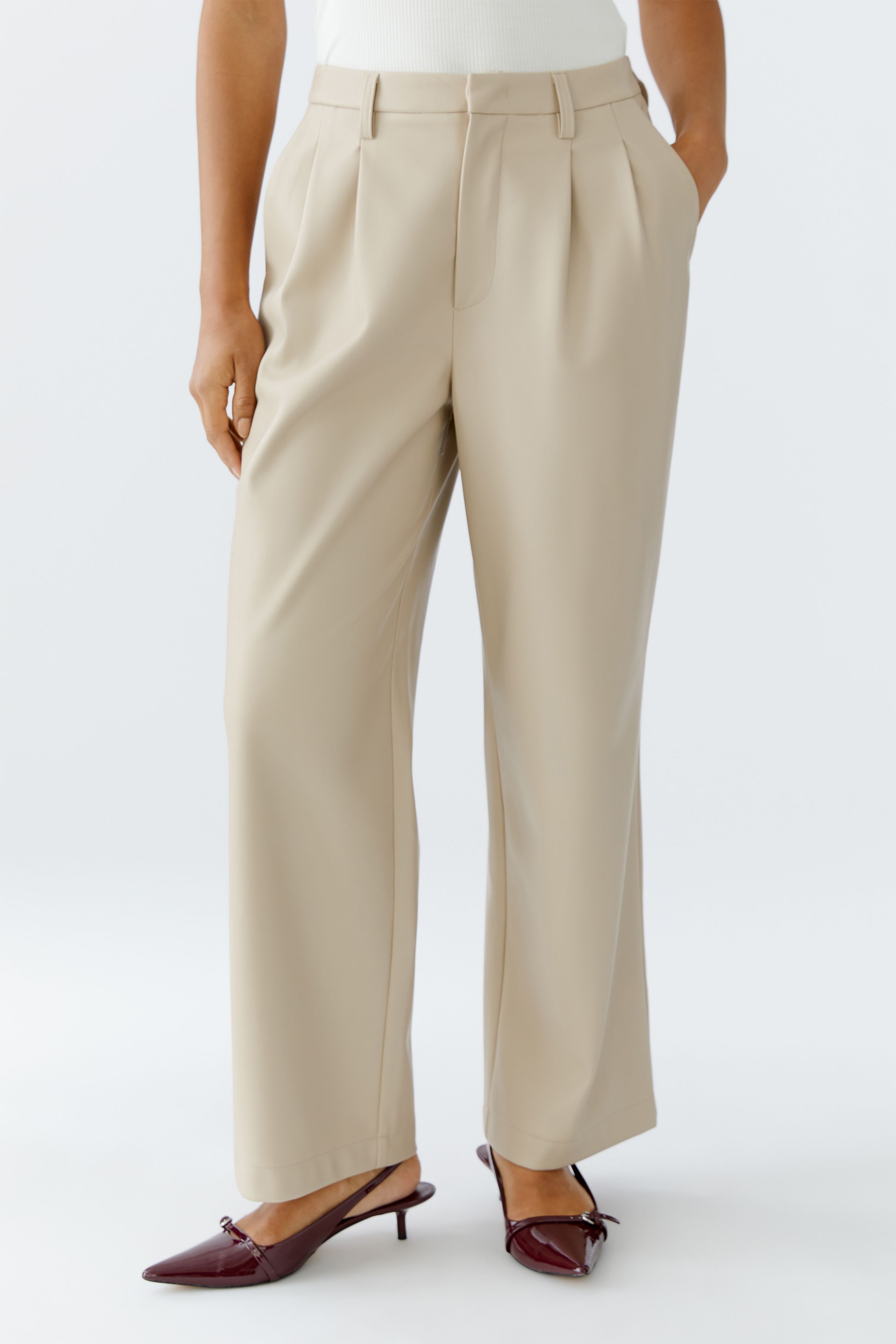 Faux Leather Pleated Trousers - Stone