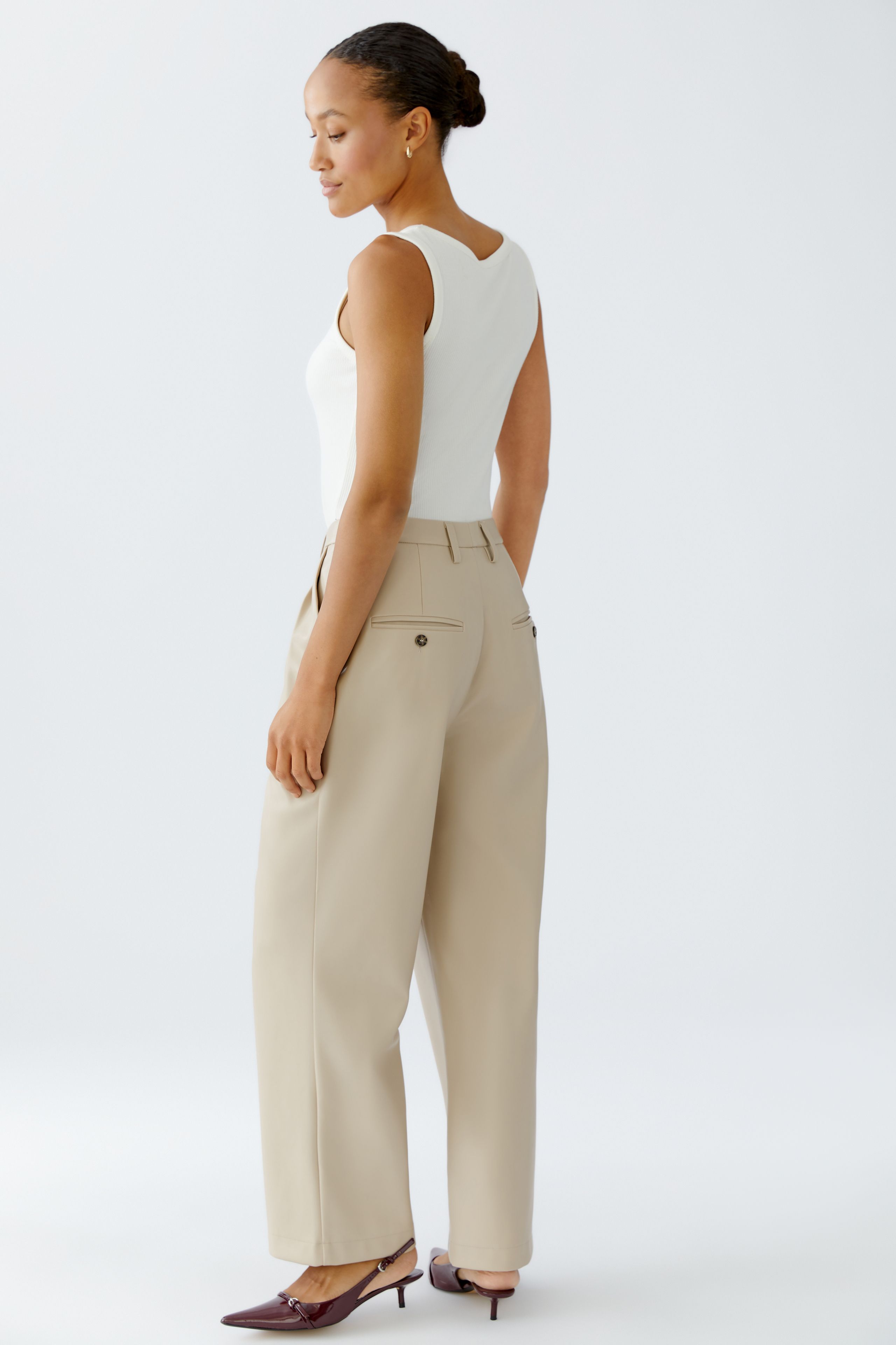 Faux Leather Pleated Trousers - Stone