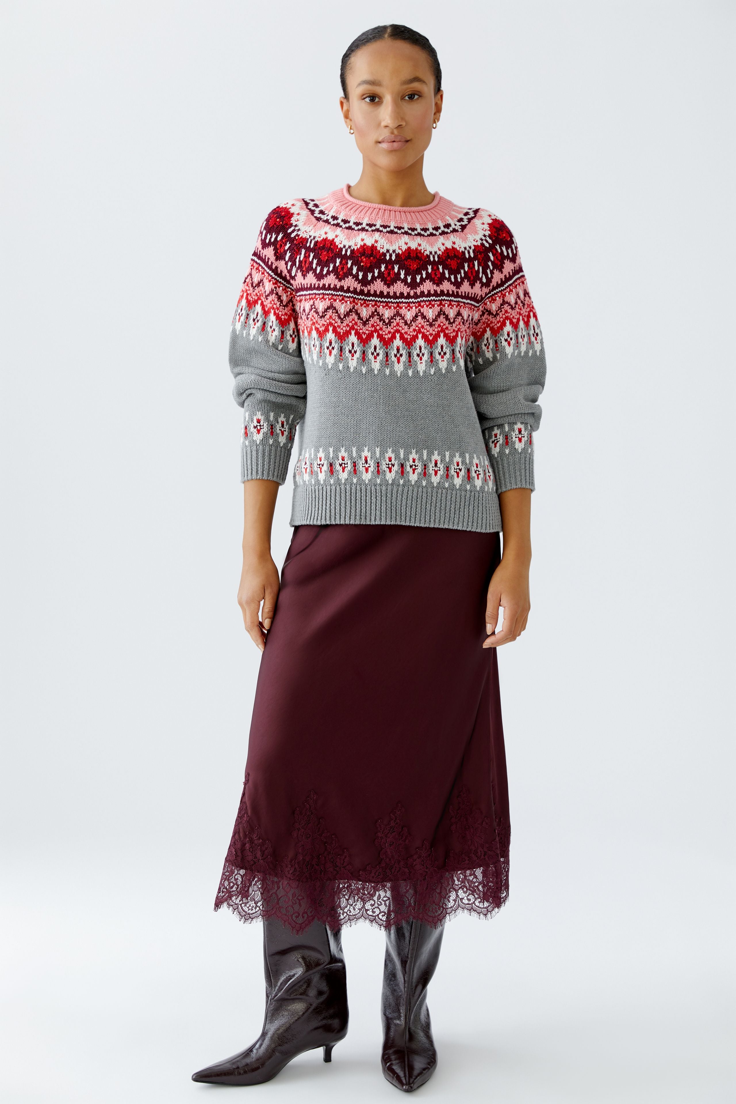 Reversible Nordic Knit Jumper - Grey/Pink Mix