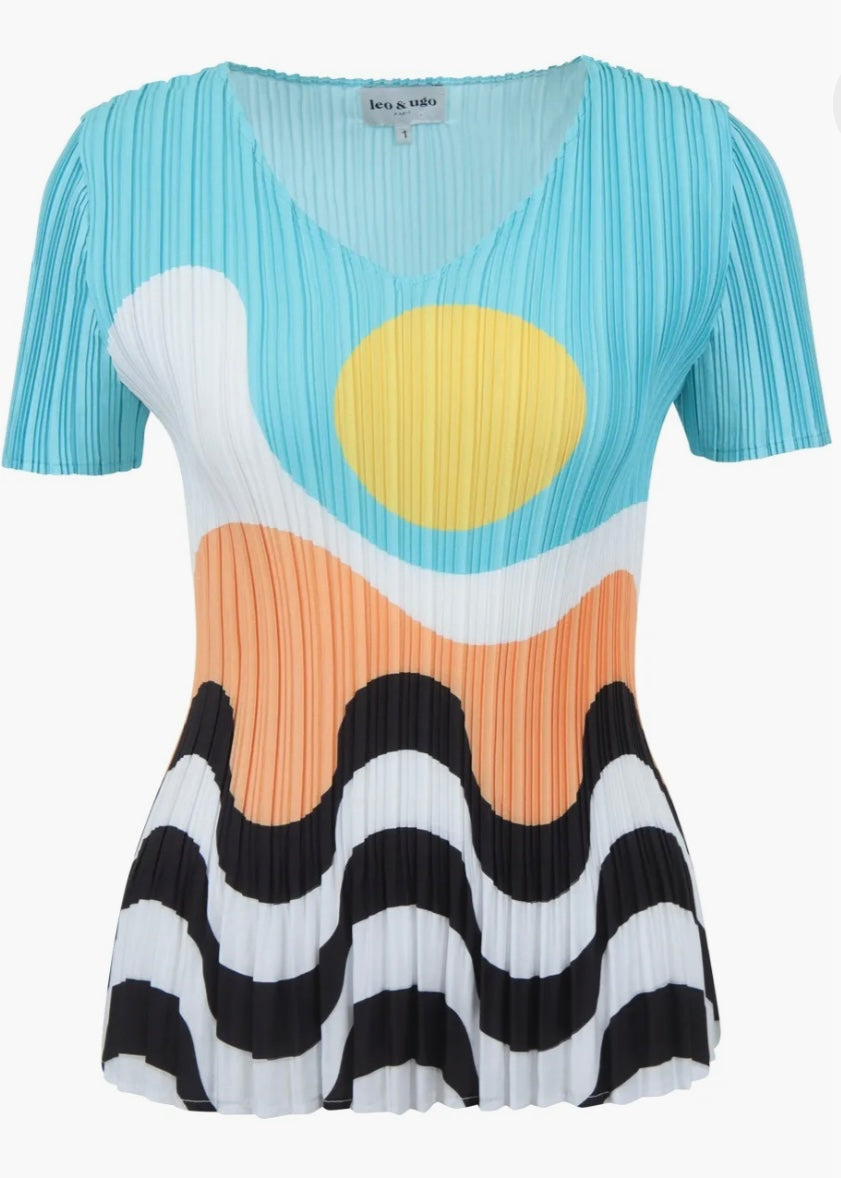 Plisse Abstract Print Top - Aqua/Orange