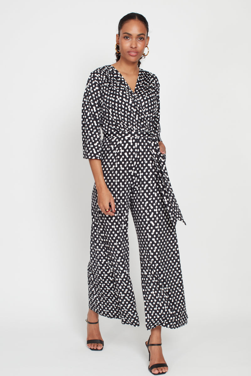 Laurie Polka Dot Cropped Jumpsuit - Black/White