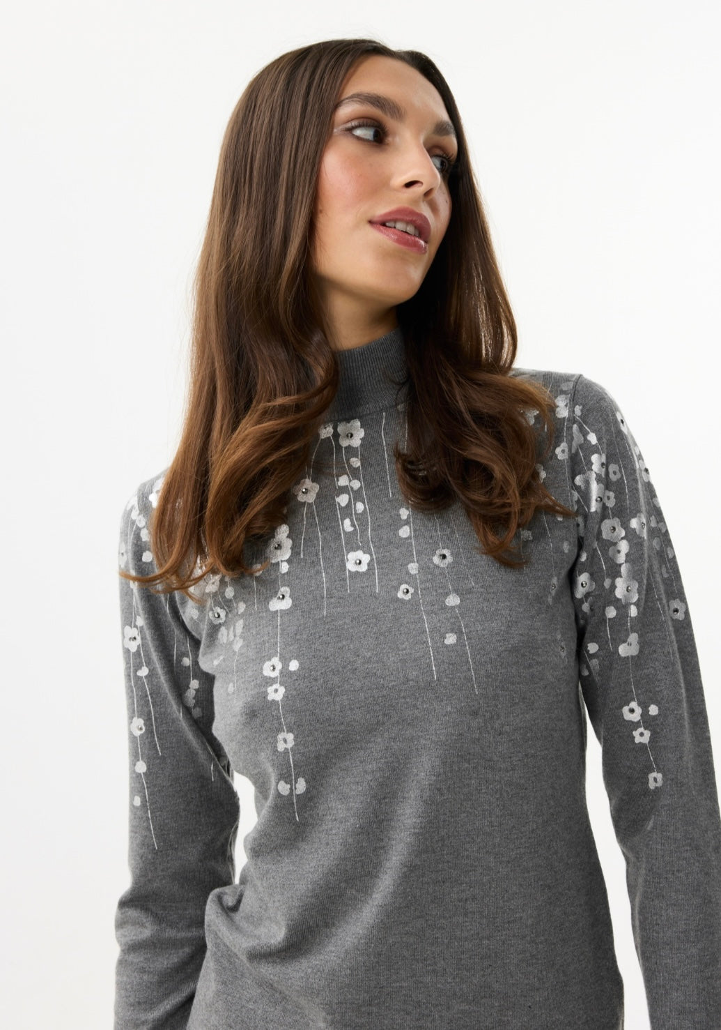 Floral High Neck Jumper - Grey/White