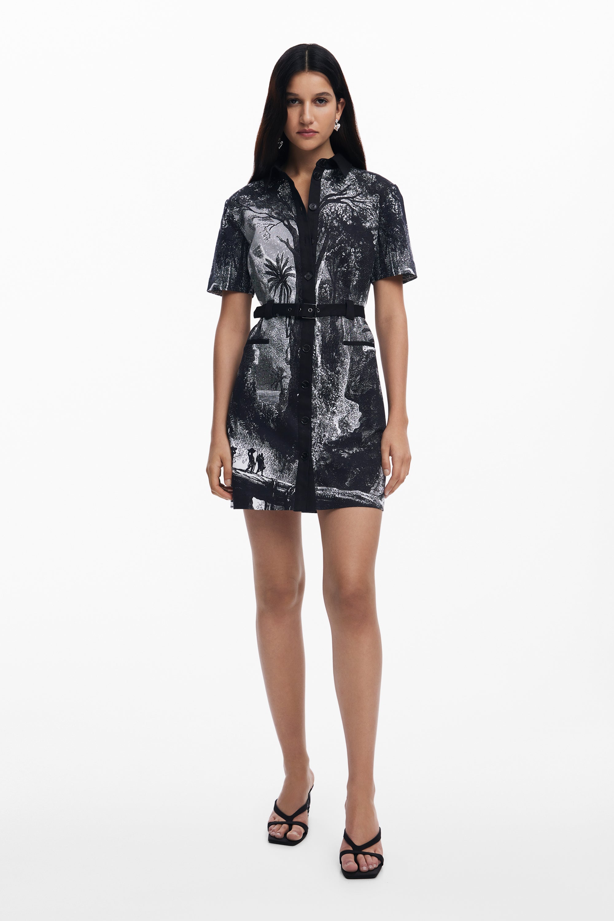 Palm Tree Shirt Dress - Black