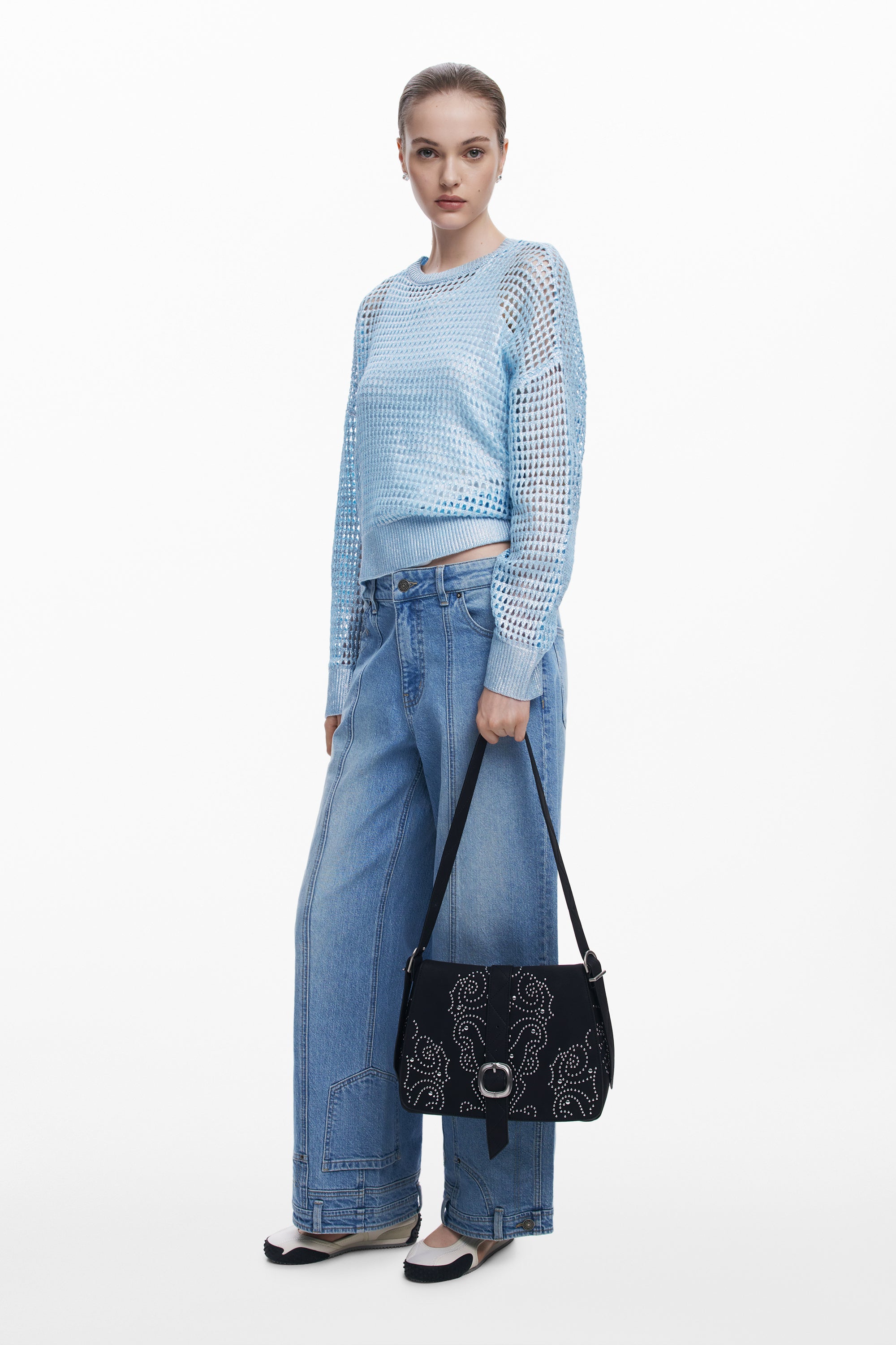 Faux Suede Studded Bag - Black