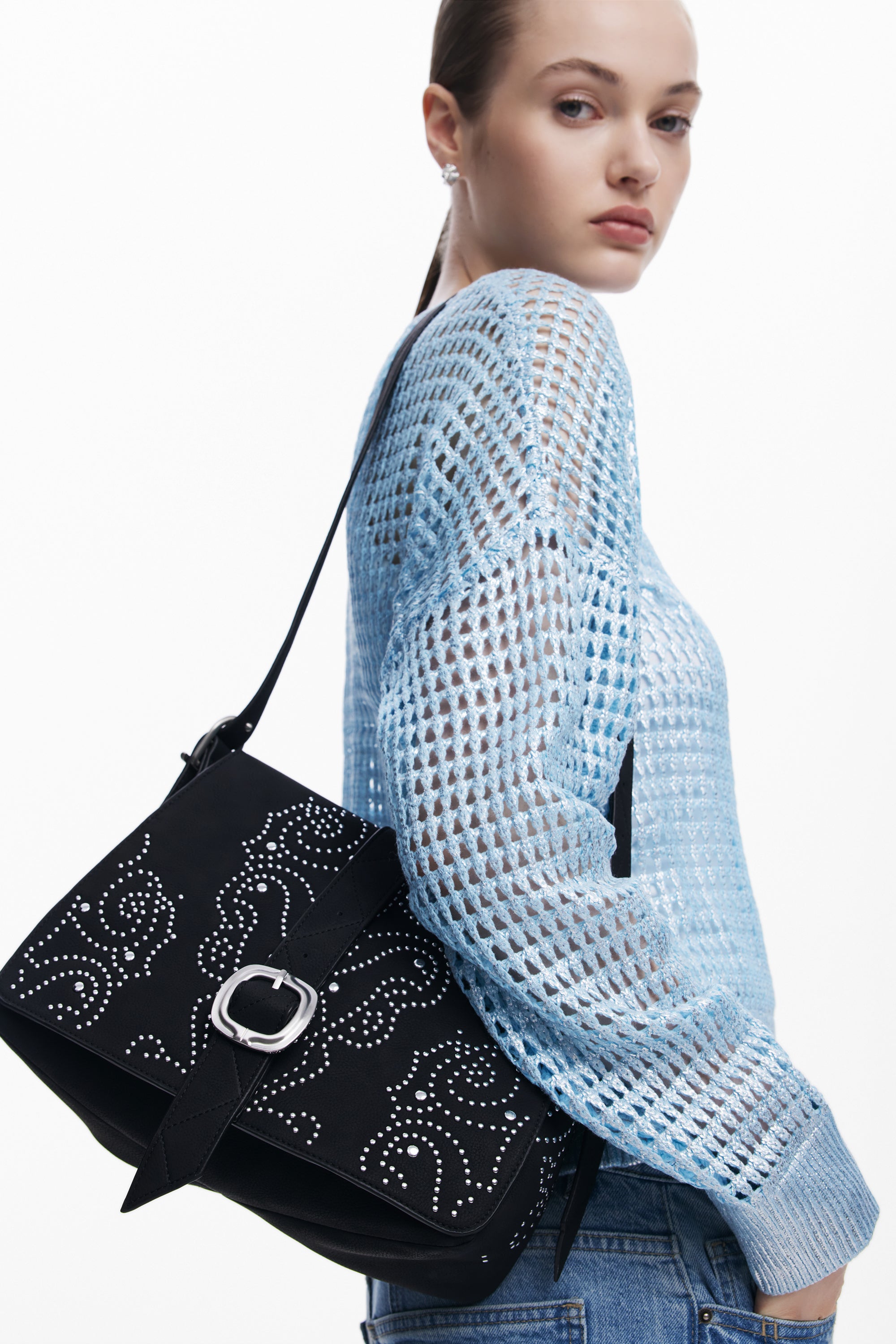 Faux Suede Studded Bag - Black