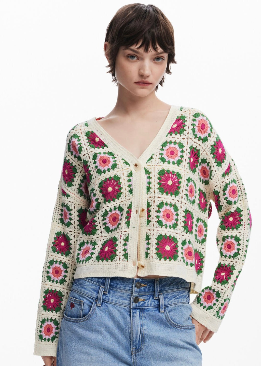 Crochet Floral knit Cardigan - Cream