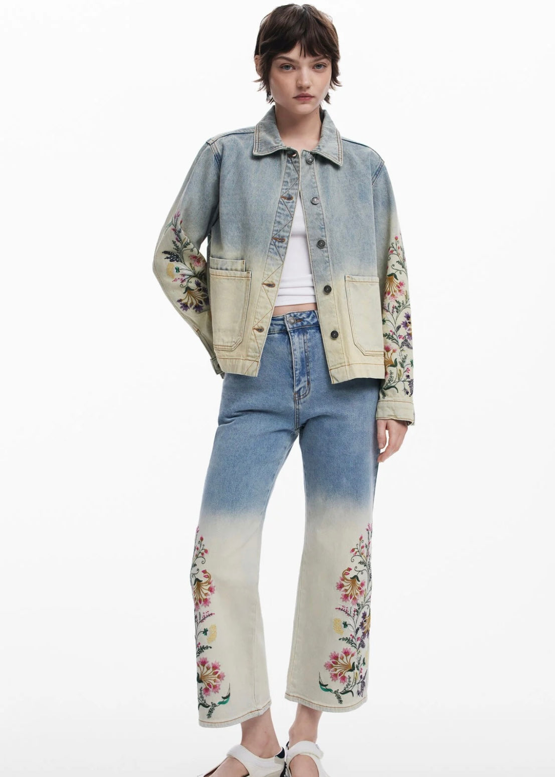 Floral Denim Jacket - Bleach Blue