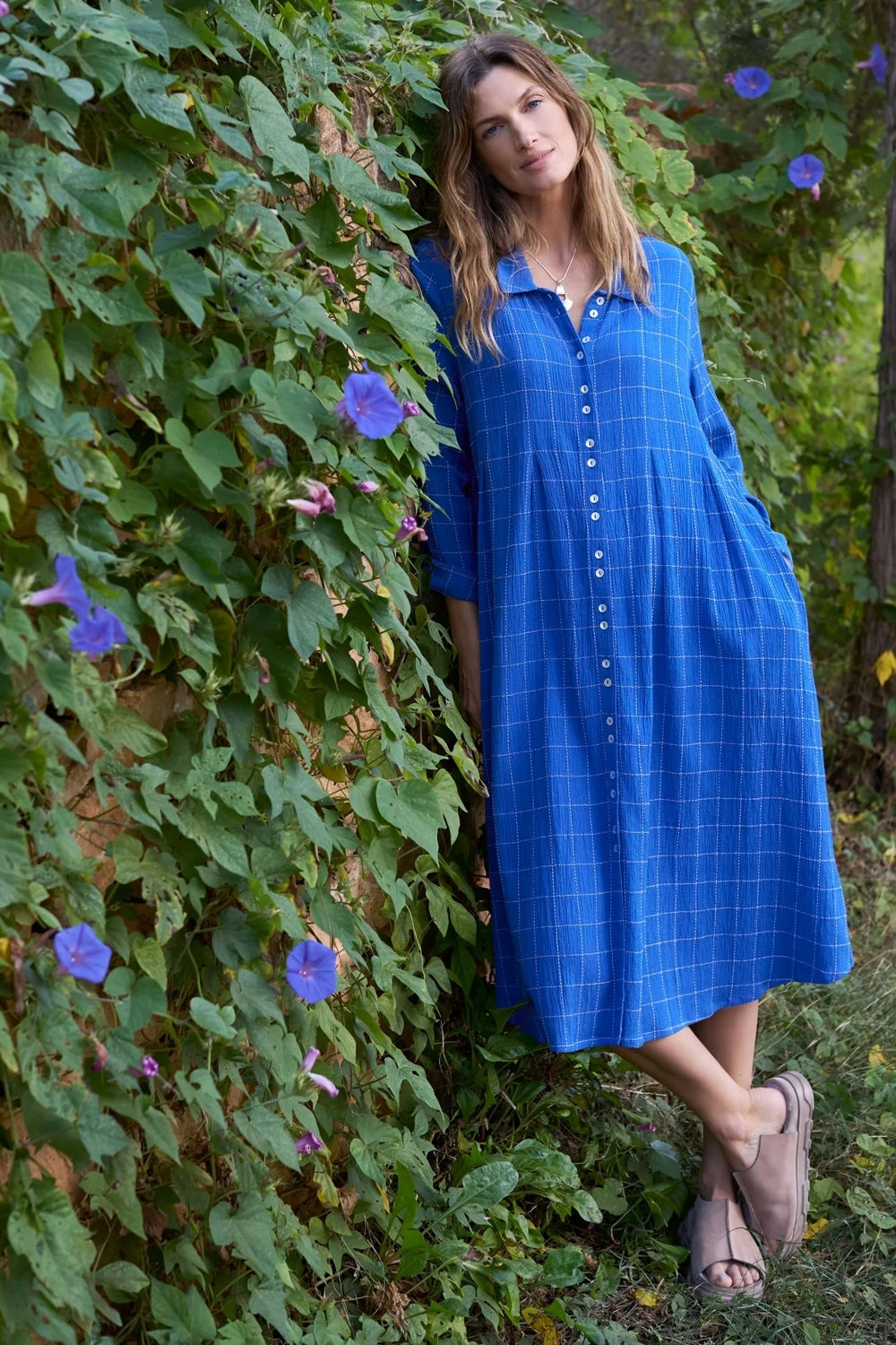 Stitched Grid Check Dress - Blue